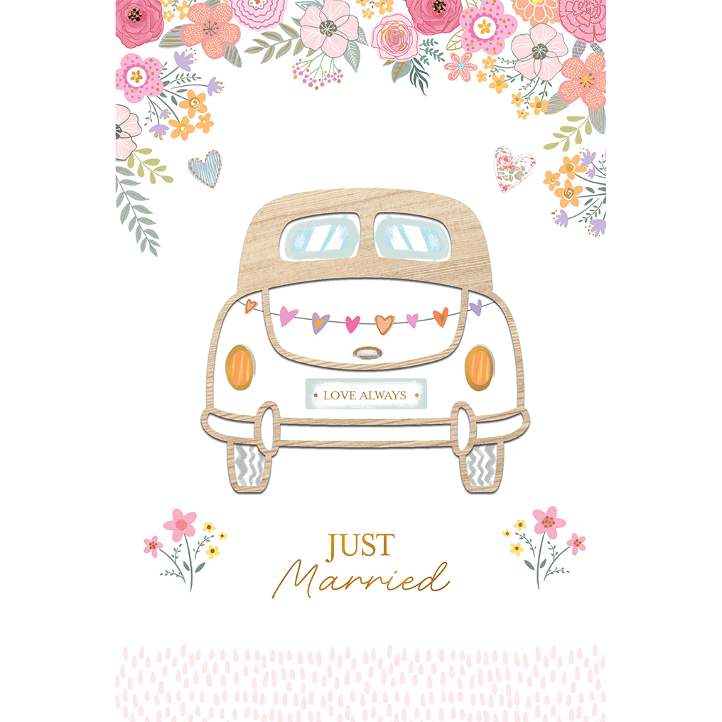 Wooden Volkswagen wedding card featuring a detailed car design, perfect for special wedding day greetings by Cardmore.